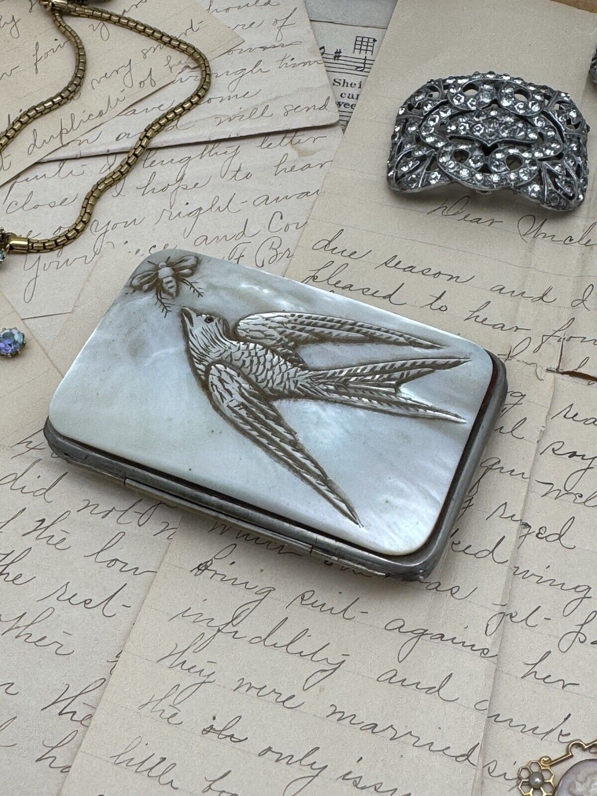 RARE Antique Mother Of Pearl Swallow Bee Carved Cigarette Cigar Calling Card Case Victorian Design