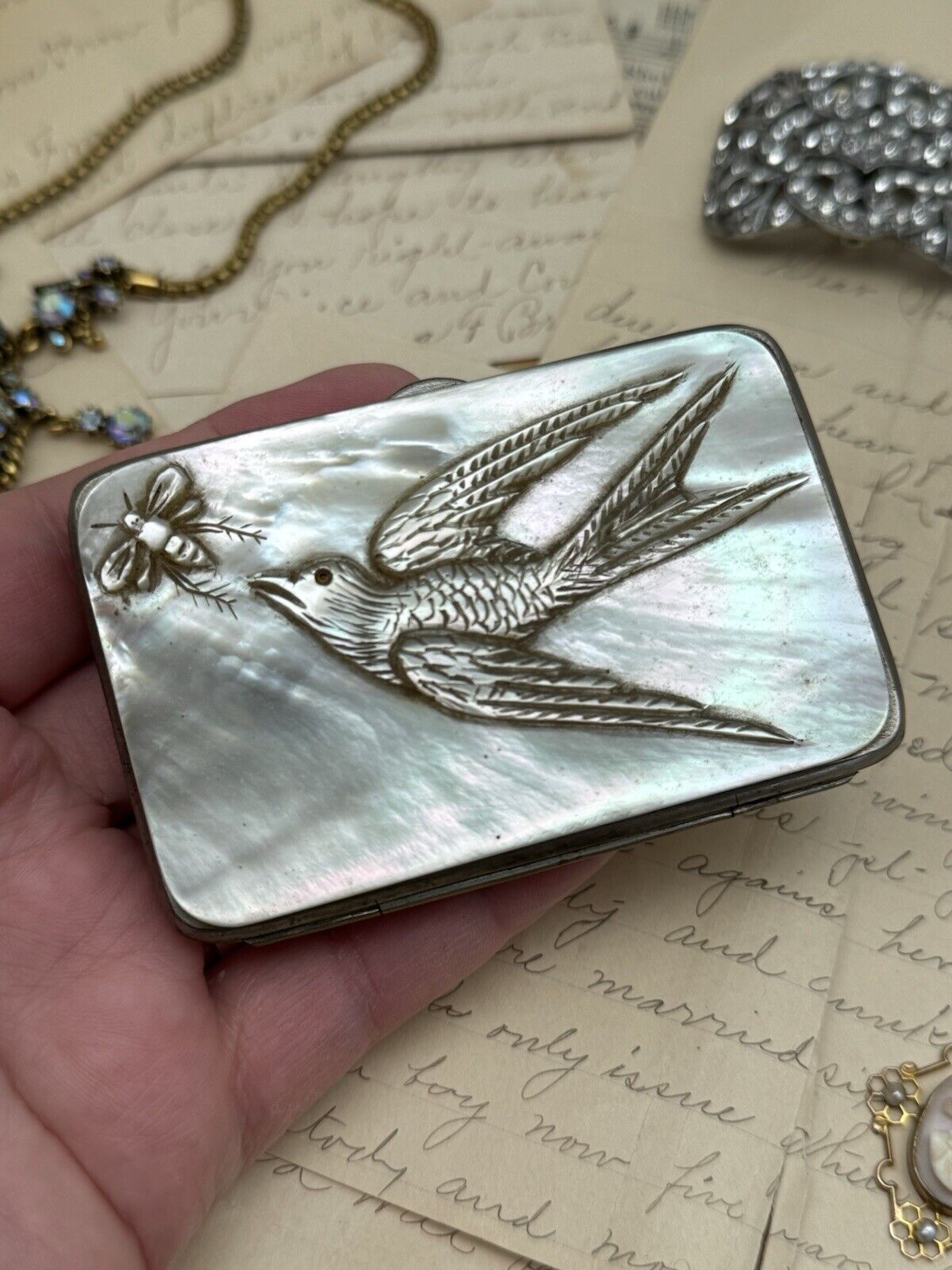 RARE Antique Mother Of Pearl Swallow Bee Carved Cigarette Cigar Calling Card Case Victorian Design