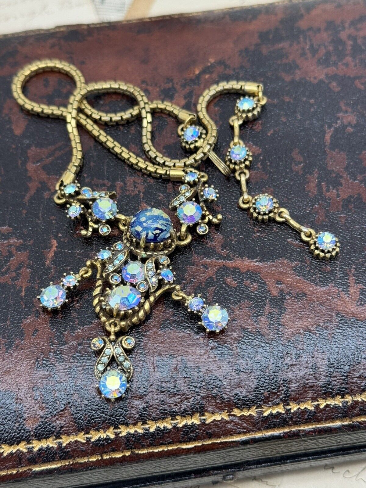 Vintage Hollycraft Necklace 1958 Blue AB Rhinestone Lavalier Style Goldtone 19”