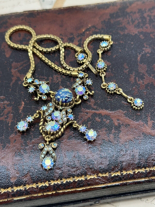 Vintage Hollycraft Necklace 1958 Blue AB Rhinestone Lavalier Style Goldtone 19”