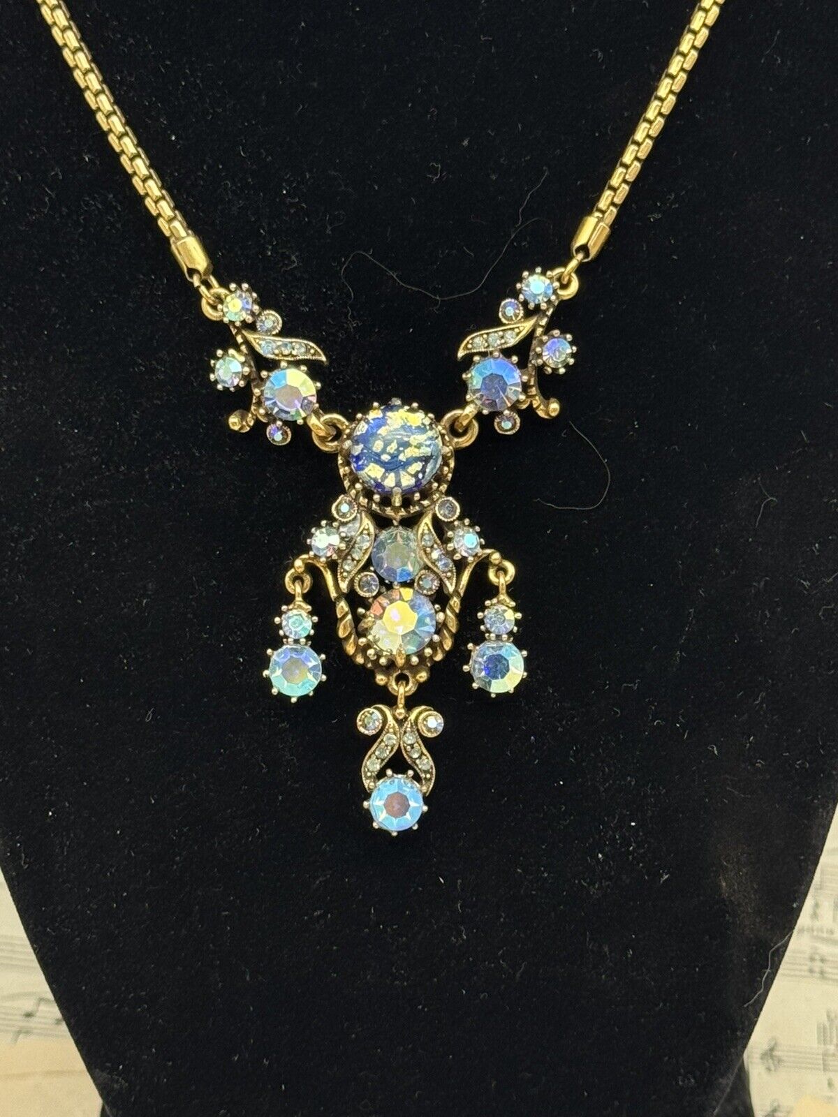 Vintage Hollycraft Necklace 1958 Blue AB Rhinestone Lavalier Style Goldtone 19”