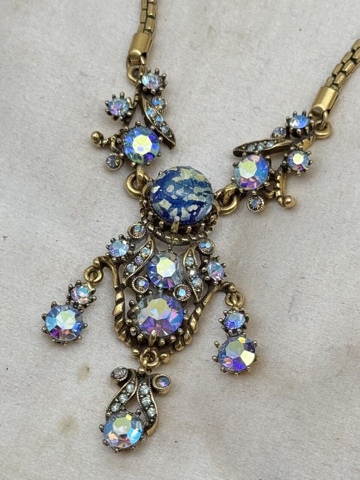 Vintage Hollycraft Necklace 1958 Blue AB Rhinestone Lavalier Style Goldtone 19”