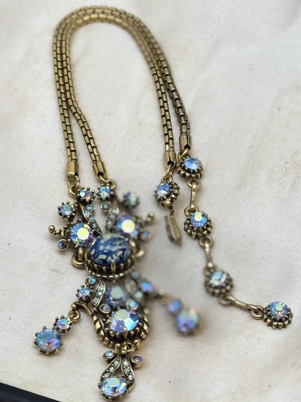 Vintage Hollycraft Necklace 1958 Blue AB Rhinestone Lavalier Style Goldtone 19”