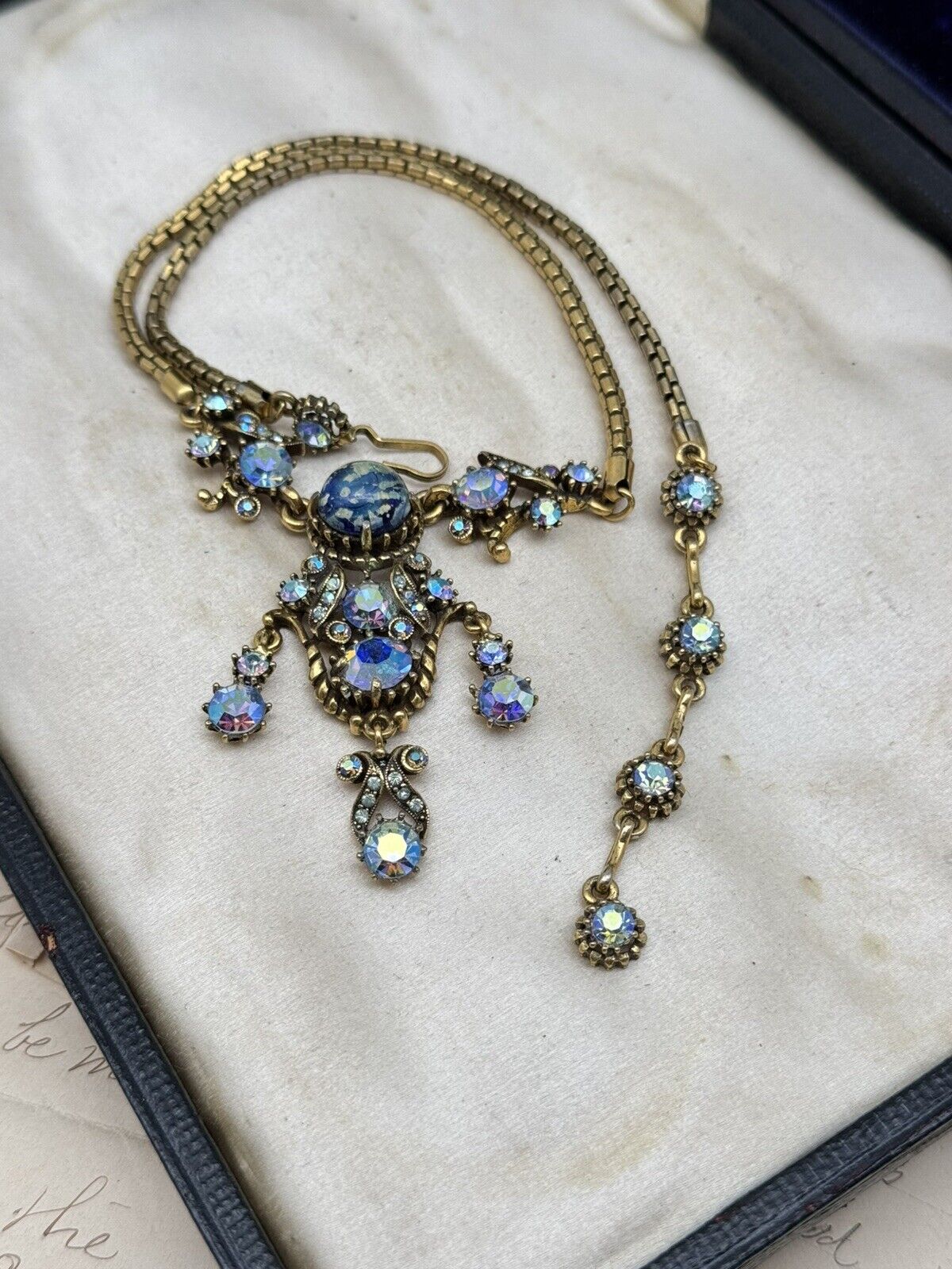 Vintage Hollycraft Necklace 1958 Blue AB Rhinestone Lavalier Style Goldtone 19”