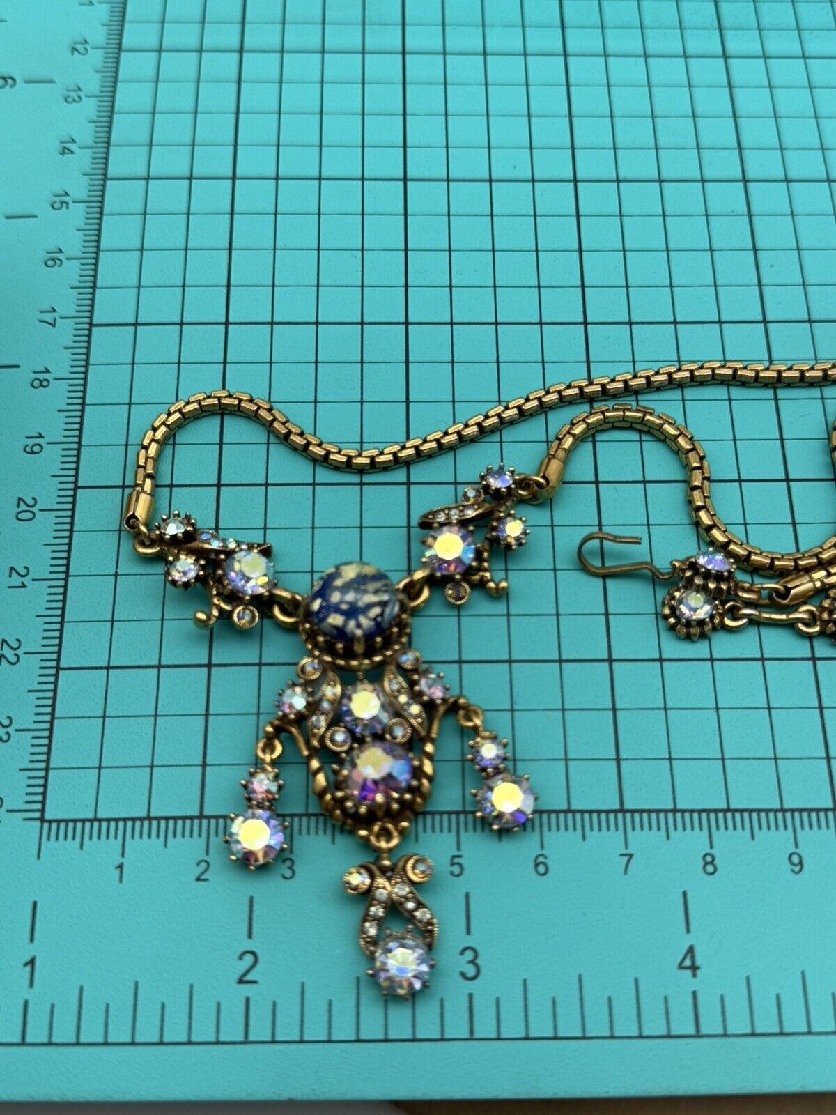 Vintage Hollycraft Necklace 1958 Blue AB Rhinestone Lavalier Style Goldtone 19”