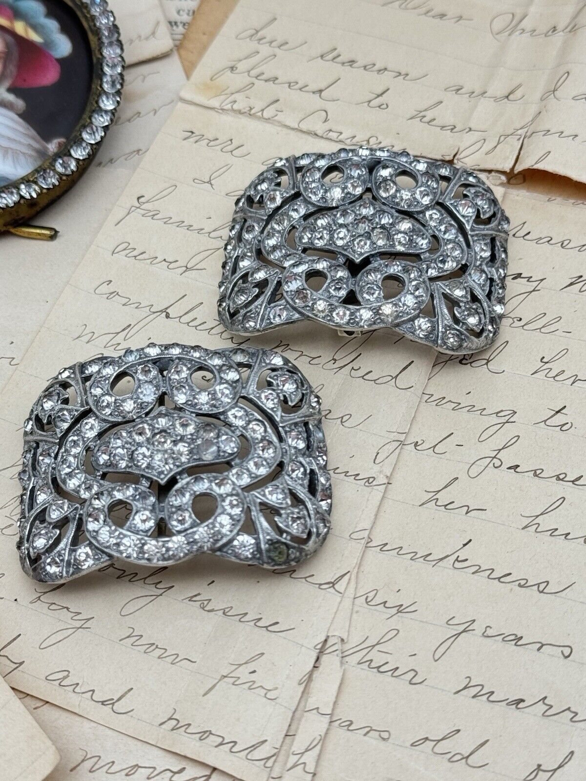 Antique Pair Rhinestone PASTE Buckles Shoes Belt etc 20th Century