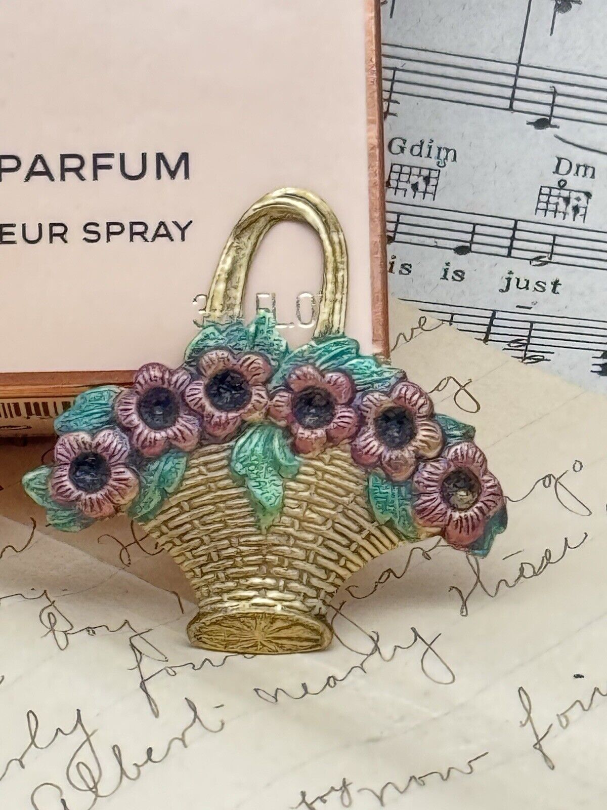 Vintage Brass Flower Basket Brooch Enameled Goldtone