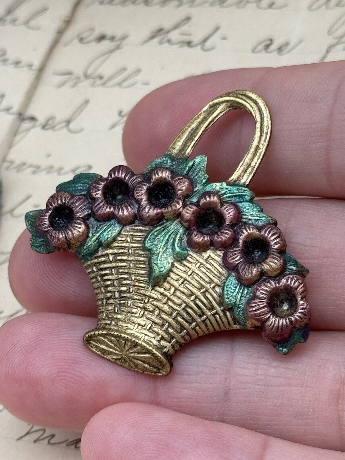 Vintage Brass Flower Basket Brooch Enameled Goldtone