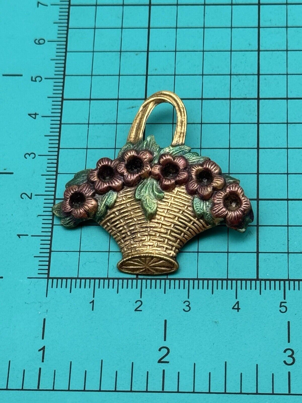 Vintage Brass Flower Basket Brooch Enameled Goldtone