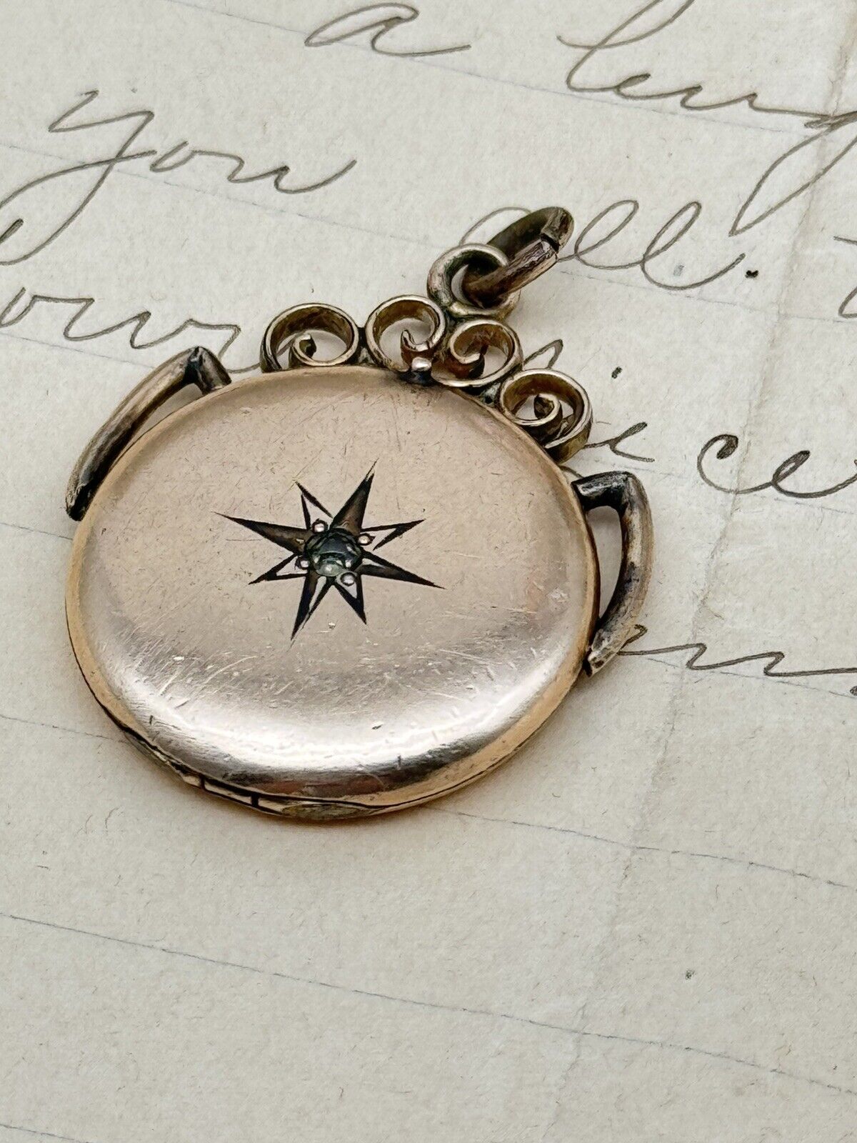 Antique Victorian Rose Gold Filled Photo Locket Star Scroll Work On Top