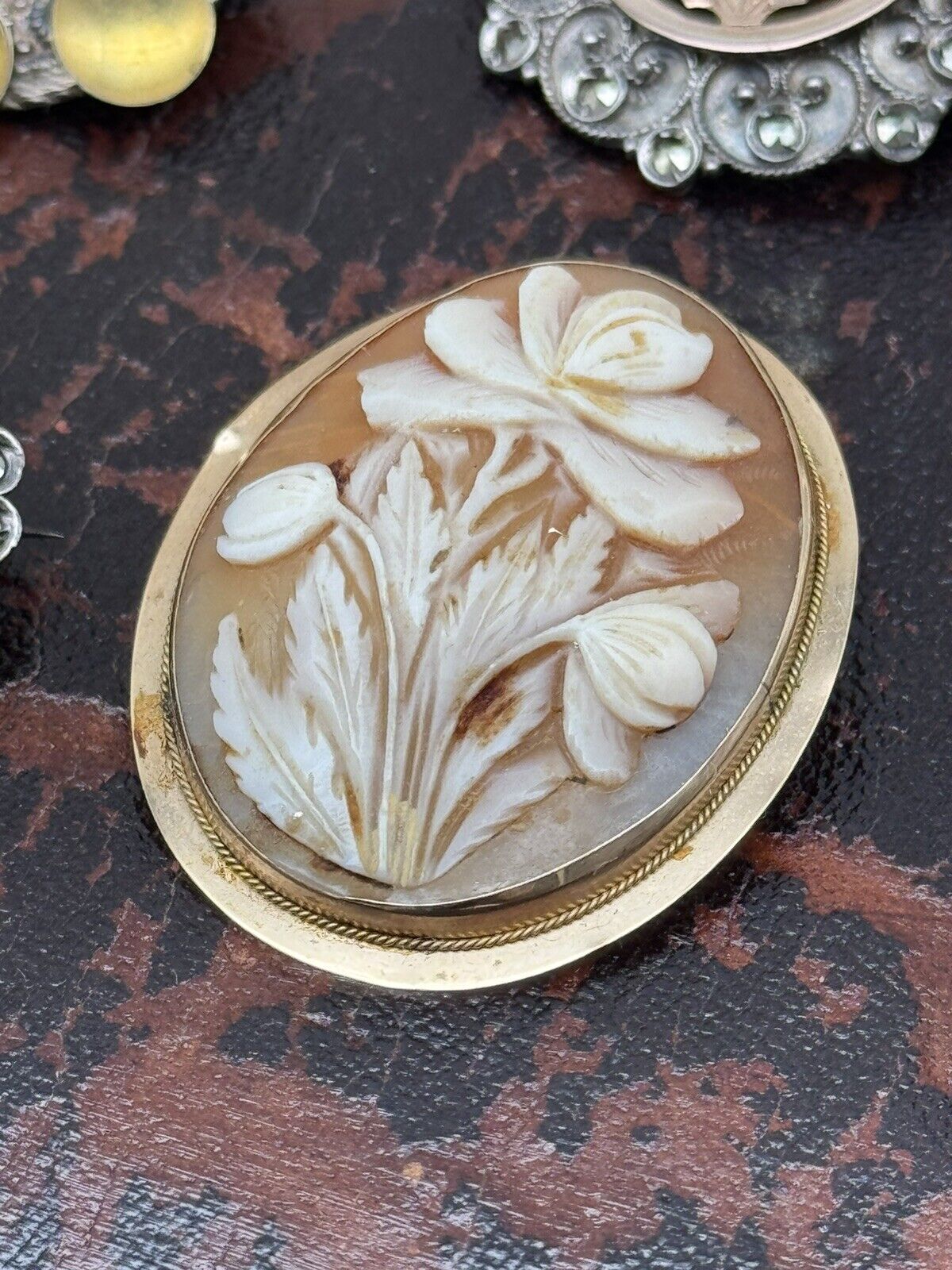 Vintage 14k Floral Shell Cameo Brooch Pendant Tubular Hinge EXQUISITE