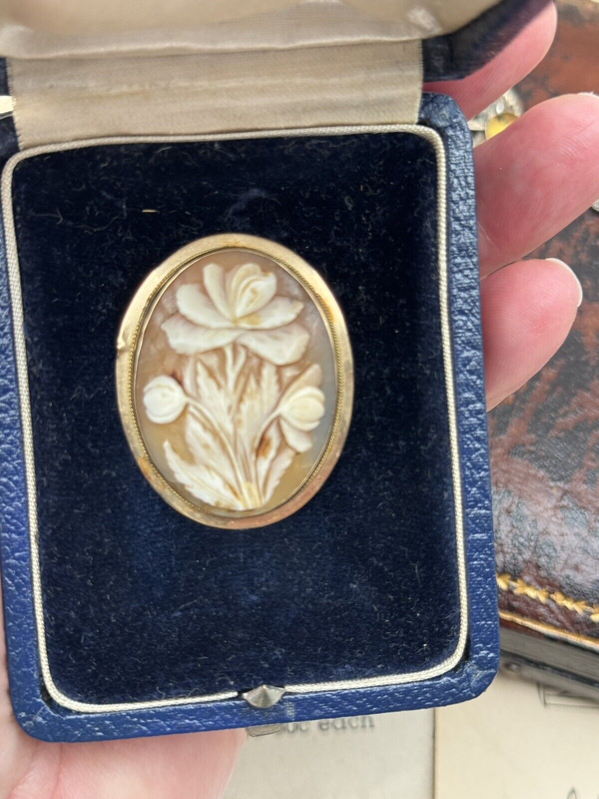 Vintage 14k Floral Shell Cameo Brooch Pendant Tubular Hinge EXQUISITE