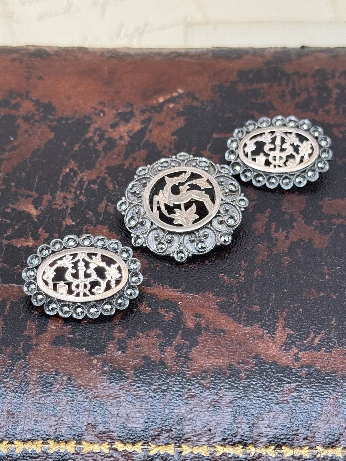 Antique Silver Marcasite Brooch Set Of 3 Gold Center Deer Snakes Symbols