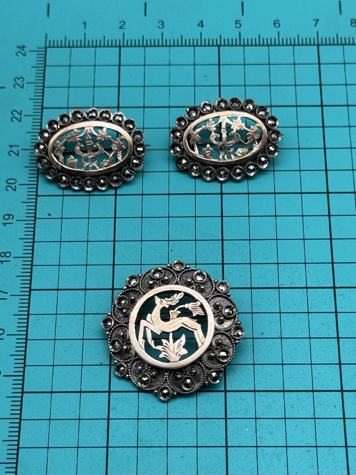 Antique Silver Marcasite Brooch Set Of 3 Gold Center Deer Snakes Symbols