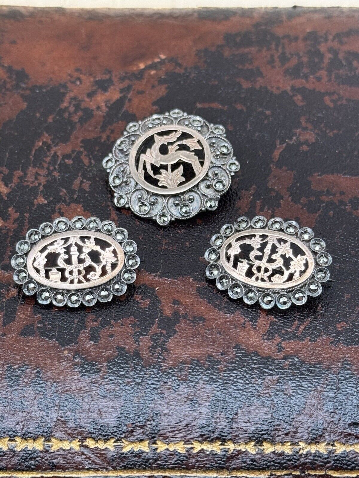 Antique Silver Marcasite Brooch Set Of 3 Gold Center Deer Snakes Symbols