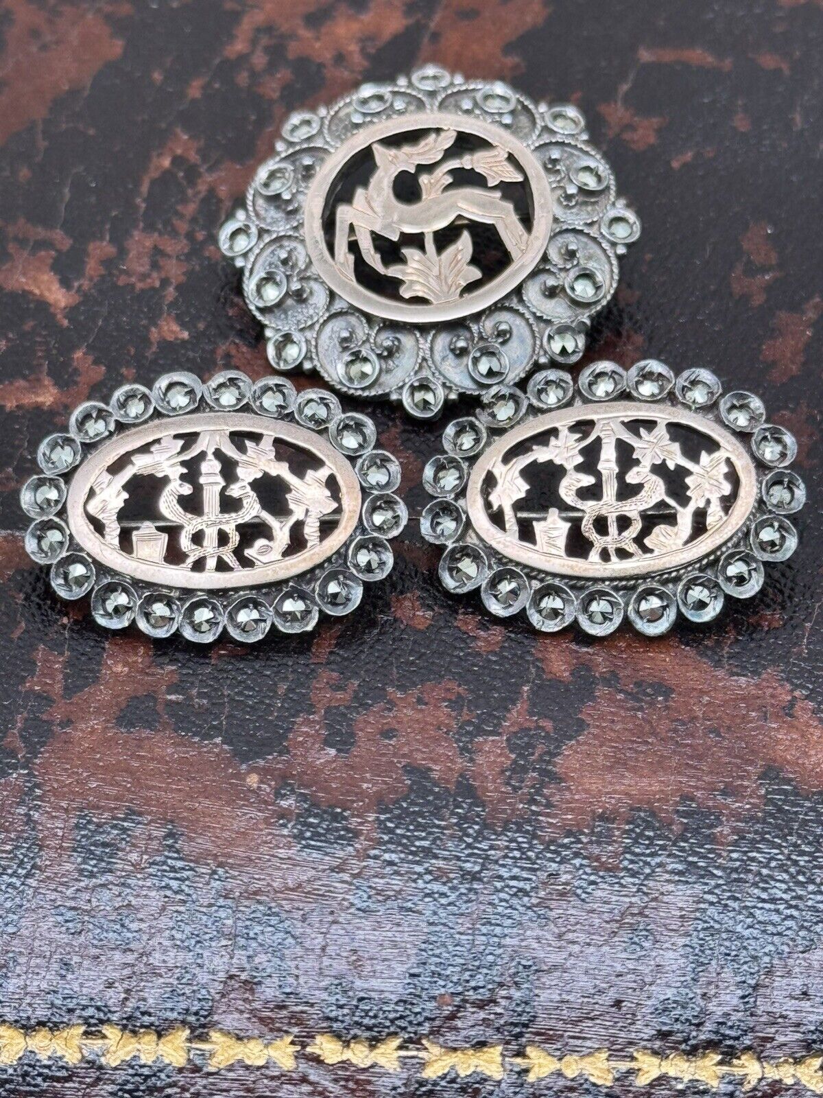 Antique Silver Marcasite Brooch Set Of 3 Gold Center Deer Snakes Symbols