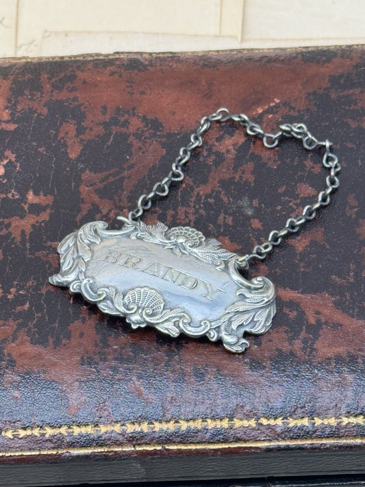 Antique Silverplate BRANDY Bottle Tag Sheffield Quality No Hallmarks