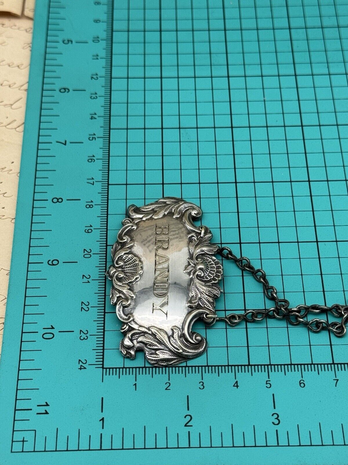 Antique BRANDY Bottle Tag Silverplate Sheffield Quality No Hallmarks