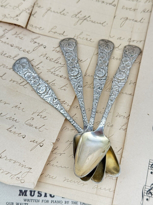 4 Citrus Melon Dessert Spoons Floral Garden “Sterling INLAID” Silverplate