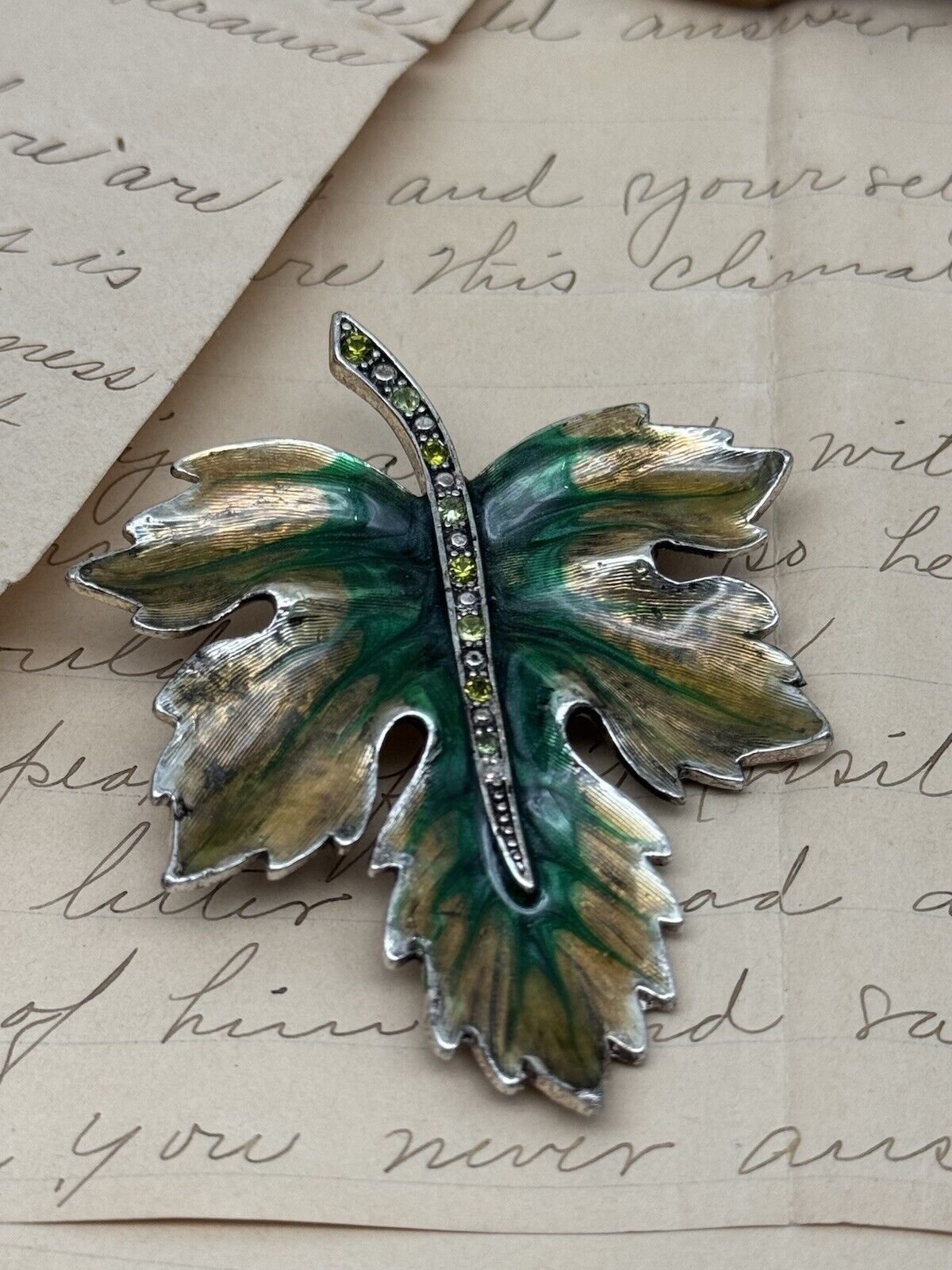 Monet Brooch Pin Vintage Leaf Oak Green Yellow Enamel Rhinestone Silver Tone