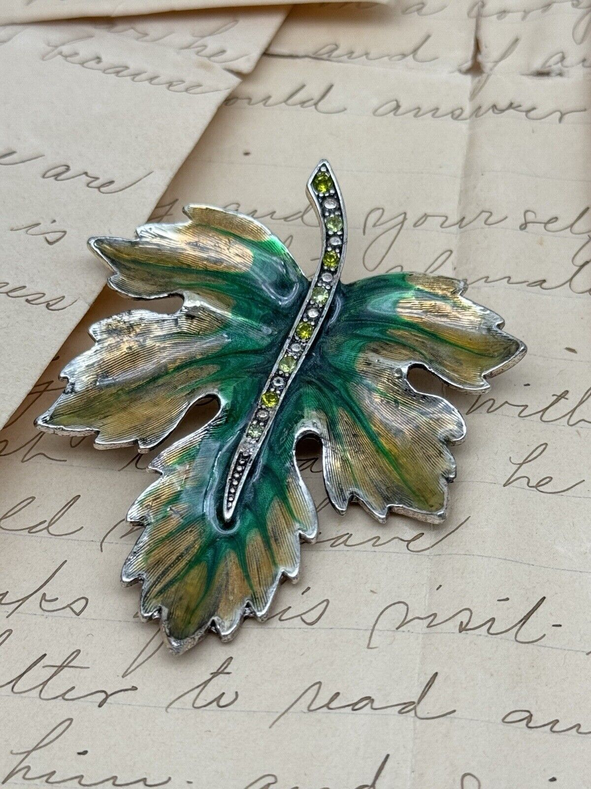 Monet Brooch Pin Vintage Leaf Oak Green Yellow Enamel Rhinestone Silver Tone