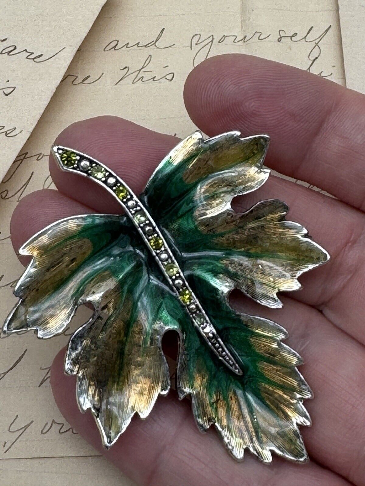 Monet Brooch Pin Vintage Leaf Oak Green Yellow Enamel Rhinestone Silver Tone