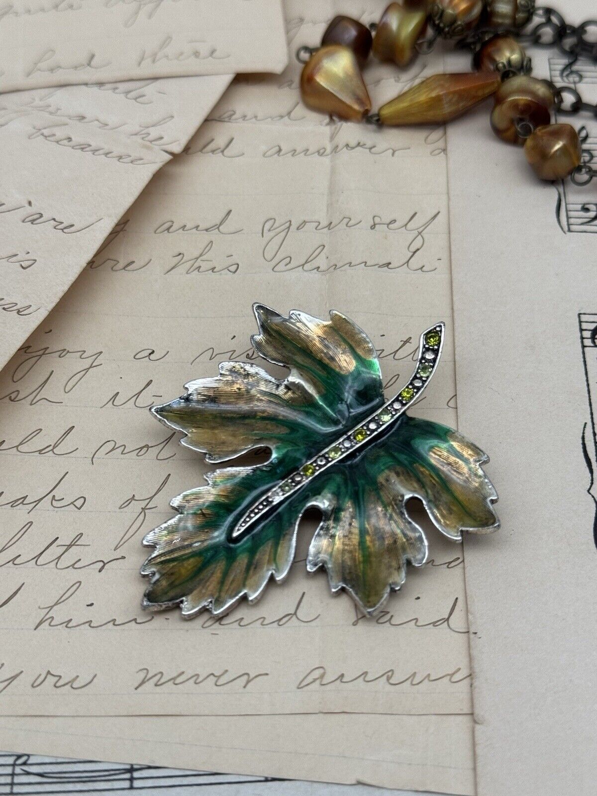 Monet Brooch Pin Vintage Leaf Oak Green Yellow Enamel Rhinestone Silver Tone