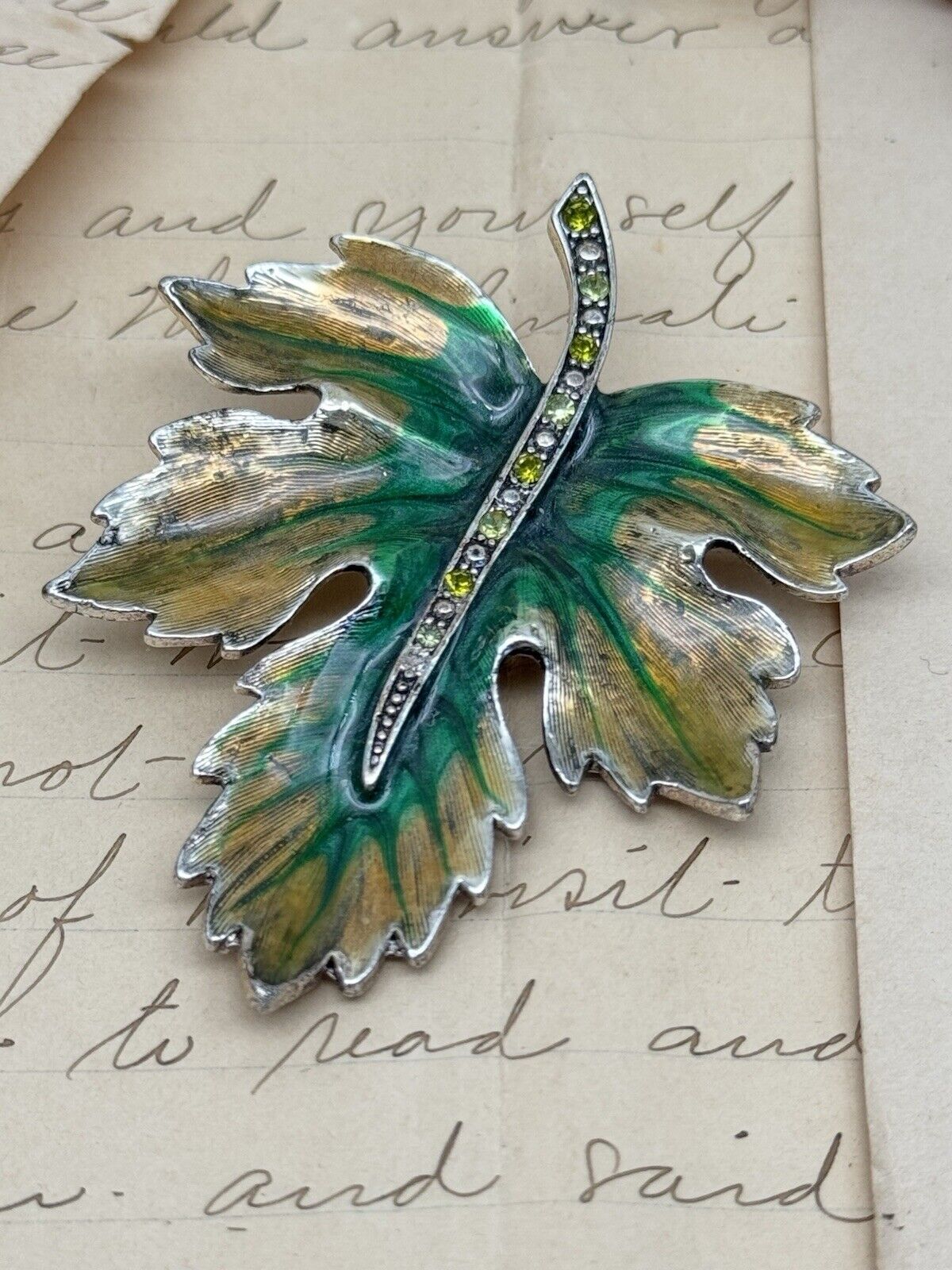 Monet Brooch Pin Vintage Leaf Oak Green Yellow Enamel Rhinestone Silver Tone