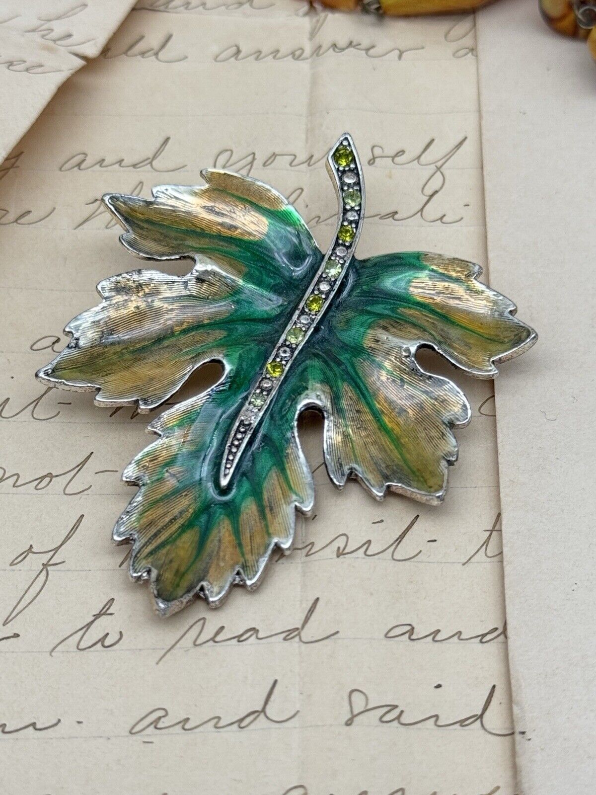 Monet Brooch Pin Vintage Leaf Oak Green Yellow Enamel Rhinestone Silver Tone