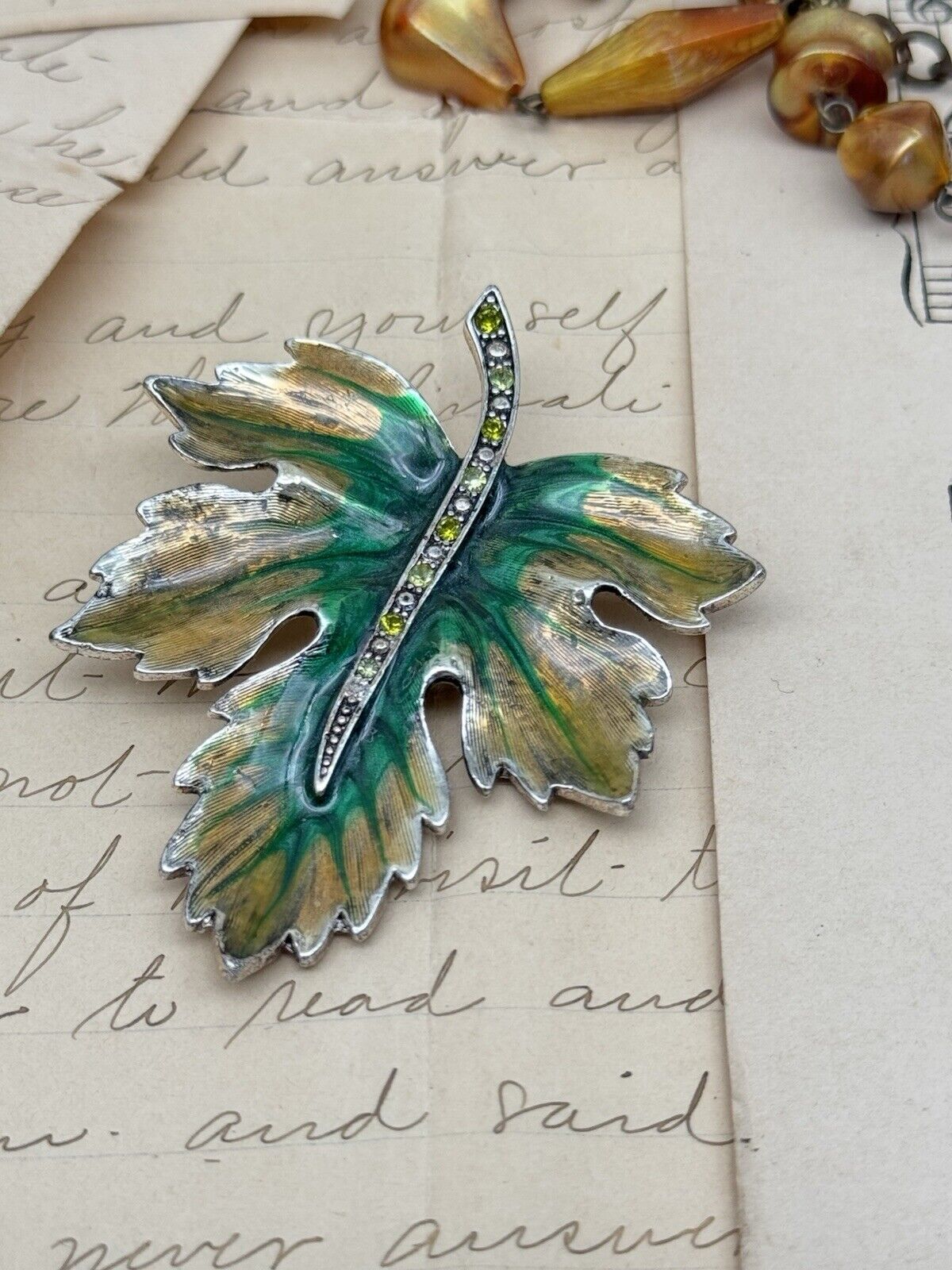 Monet Brooch Pin Vintage Leaf Oak Green Yellow Enamel Rhinestone Silver Tone