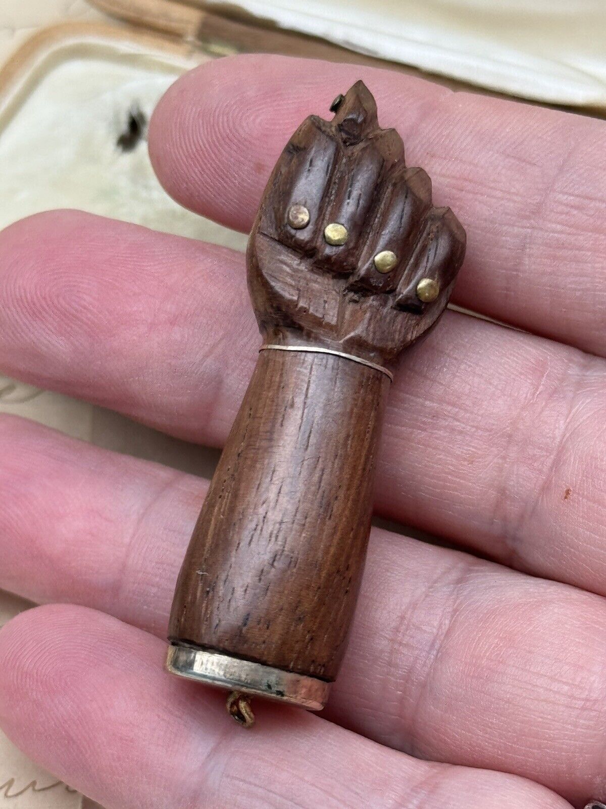 Antique Hand Pendant MANU FICA Wood Carved Good Luck Amulet Protection GF