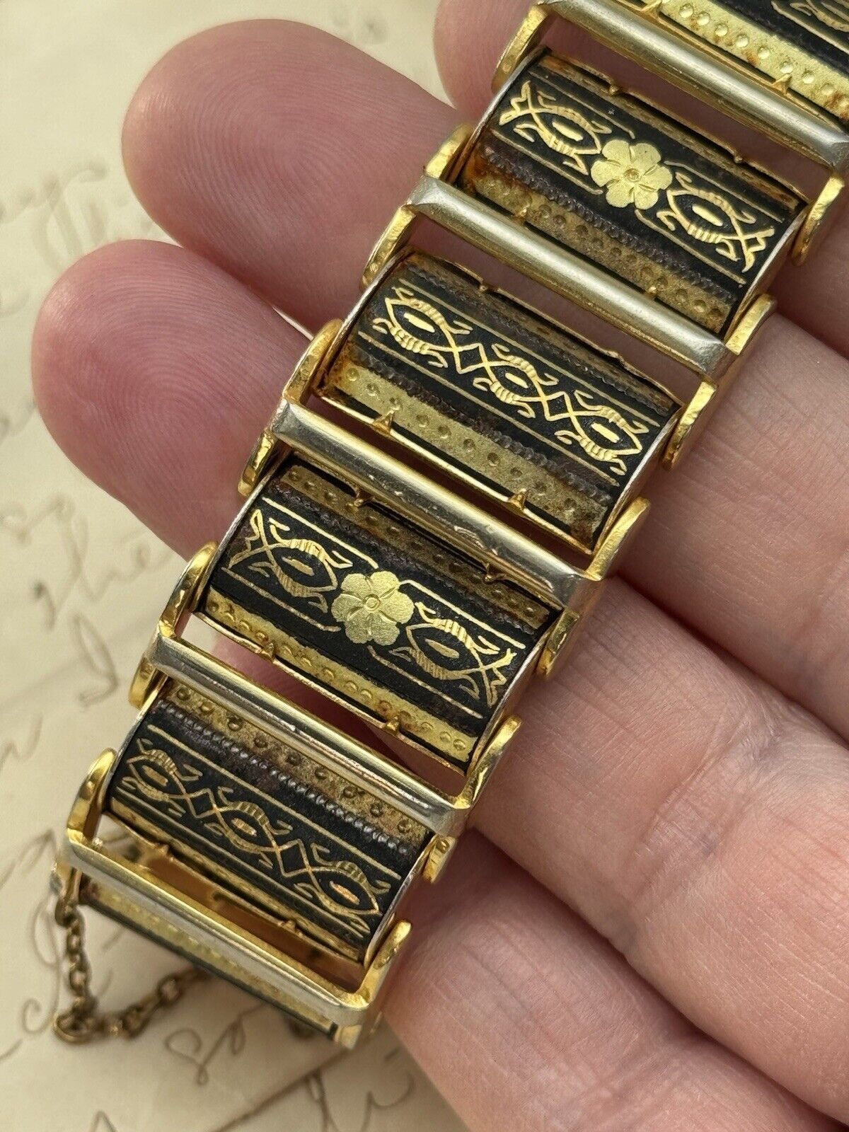 Vintage Damascene Bracelet WIDE Floral Panel with Safety Chain 6.25” Wearable