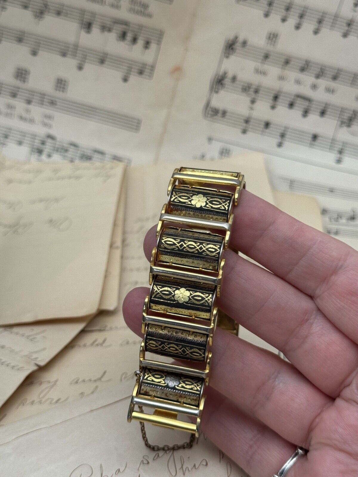 Vintage Damascene Bracelet WIDE Floral Panel with Safety Chain 6.25” Wearable