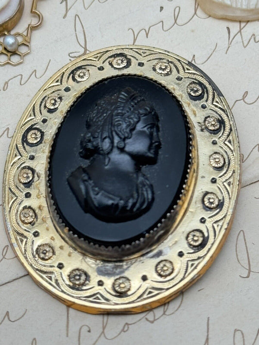 Vintage Cameo Brooch SIGNED Coro Black Goldtone Frame