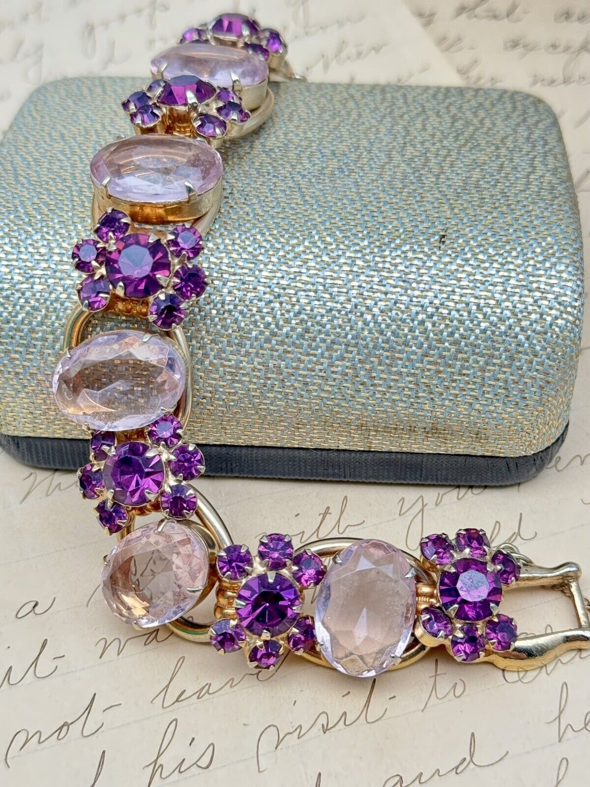 VTG Juliana Bracelet  5 Link Purple Pink Rhinestone Flower  Verified #1310