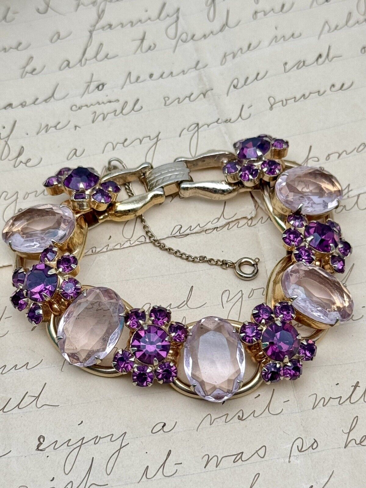 VTG Juliana Bracelet  5 Link Purple Pink Rhinestone Flower  Verified #1310