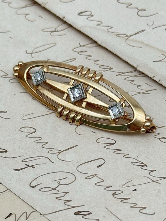 Art Deco Style Hallmark 14k 3H Gold Diamond Brooch ESTATE FIND