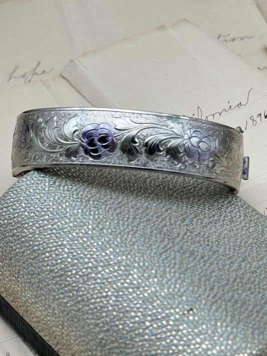 Vintage Hinged Cuff Bracelet Silvertone Floral Design Lilac Accent