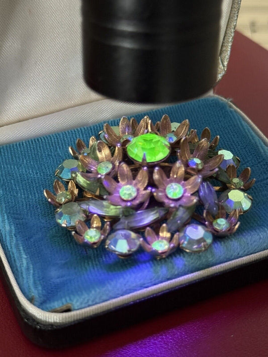 Vintage Brooch Green Rhinestone Goldtone Uranium Glass Accent Stones