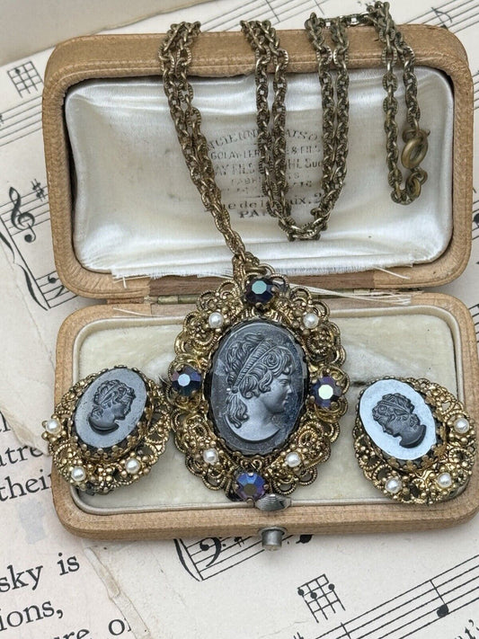 Vintage W Germany Black Cameo Filigree Cameo Pendant Necklace & Earrings