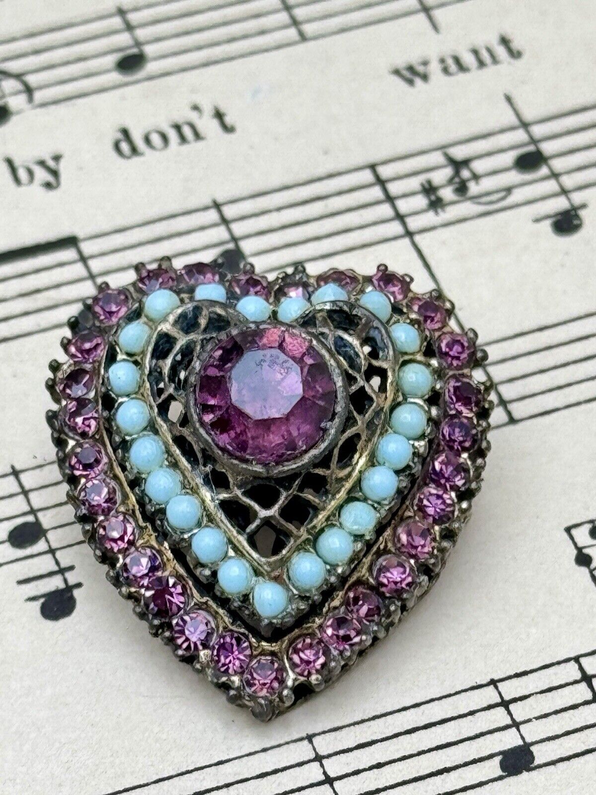 Vintage Pink Heart Brooch With Faux Turquoise Accent