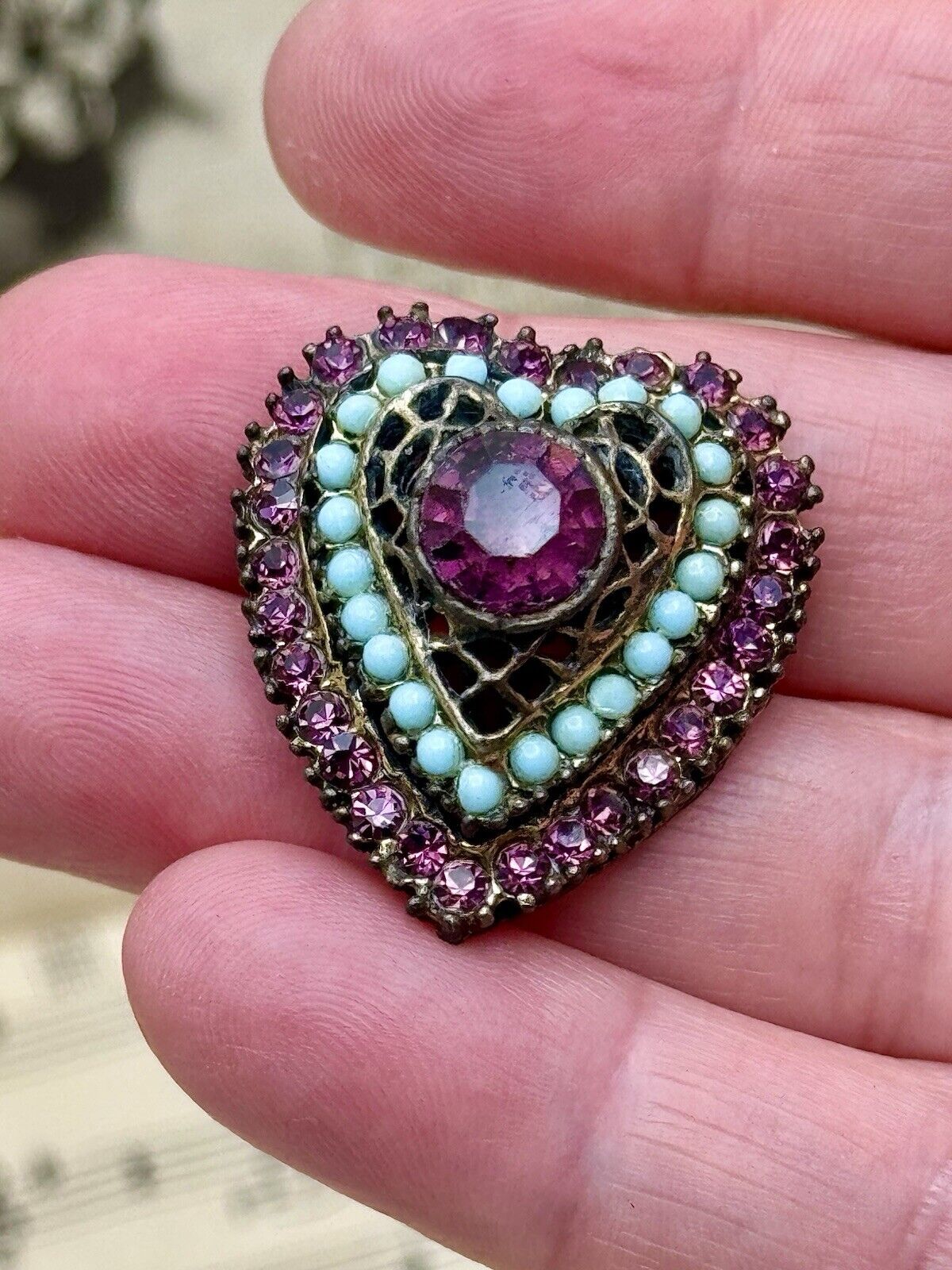 Vintage Pink Heart Brooch With Faux Turquoise Accent