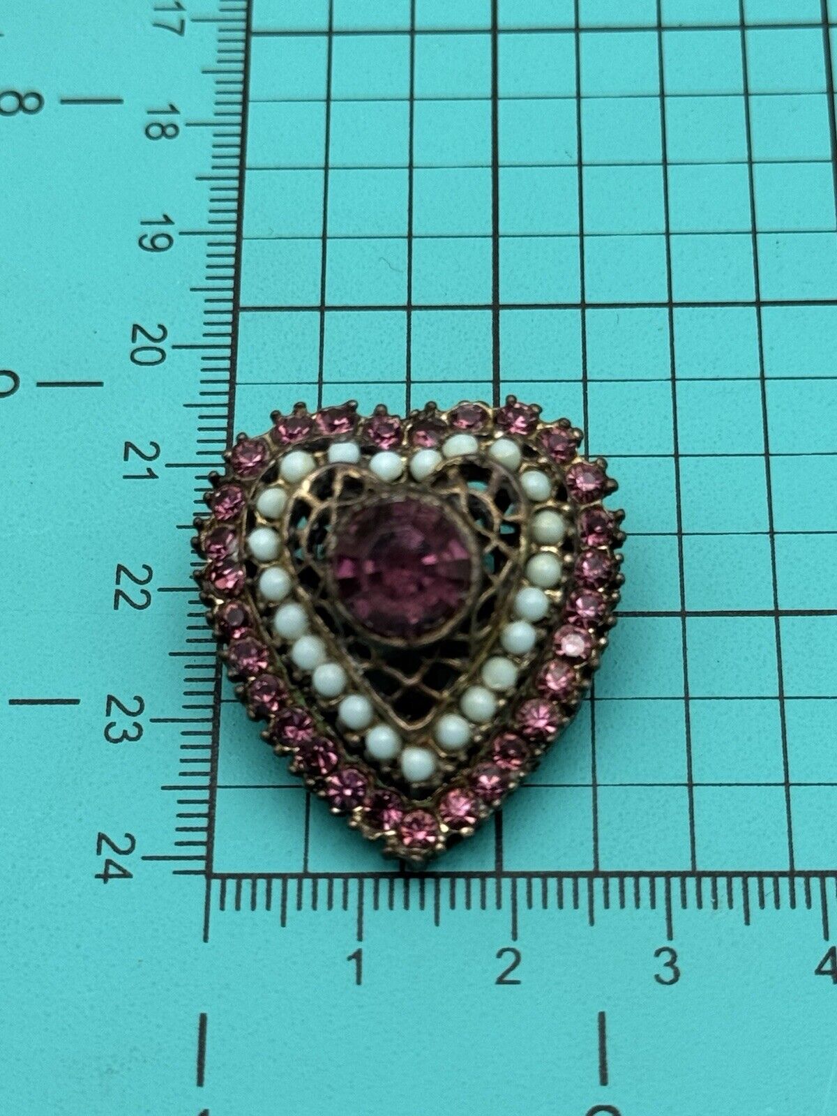 Vintage Pink Heart Brooch With Faux Turquoise Accent