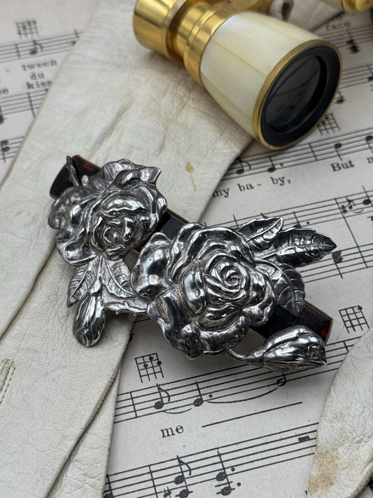 Vintage STERLING Silver Hair Clip Rose Design