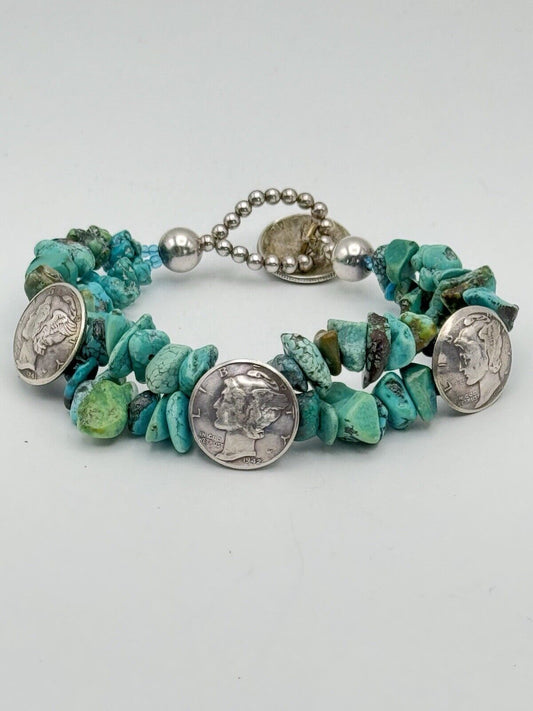 Vintage Triple DIME Coin with DIME Fastener Turquoise Bracelet Unsigned ESTATE FIND