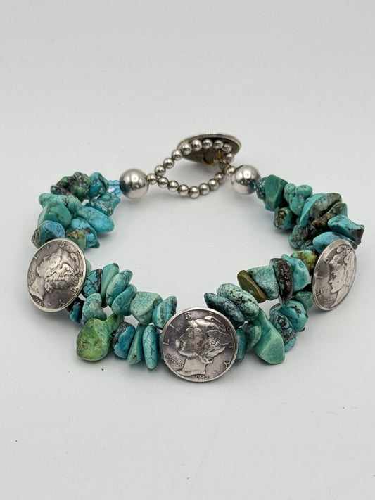 Vintage Triple DIME Coin with DIME Fastener Turquoise Bracelet Unsigned ESTATE FIND