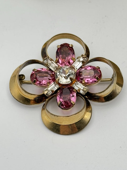 Vintage Pink & Clear Rhinestone 12k Gold Filled Brooc Signed CA