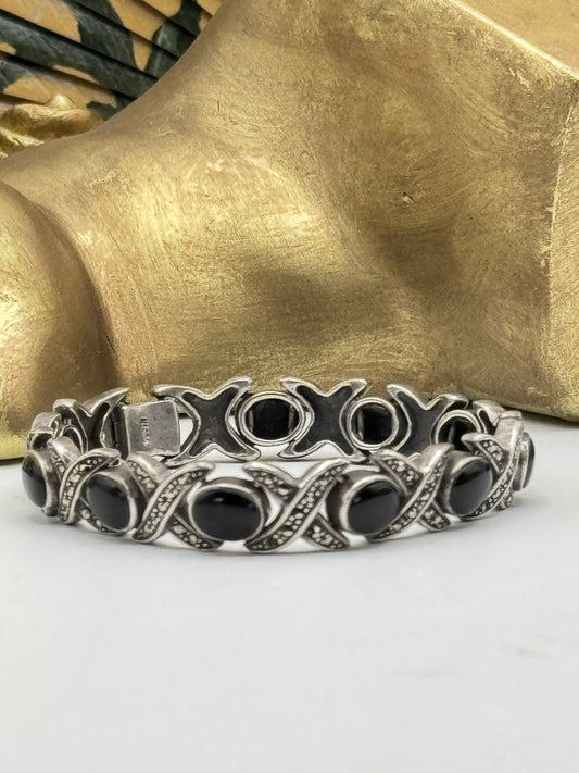 Vintage XO Bracelet Sterling Marcasite Onyx ESTATE FIND 6.5”+