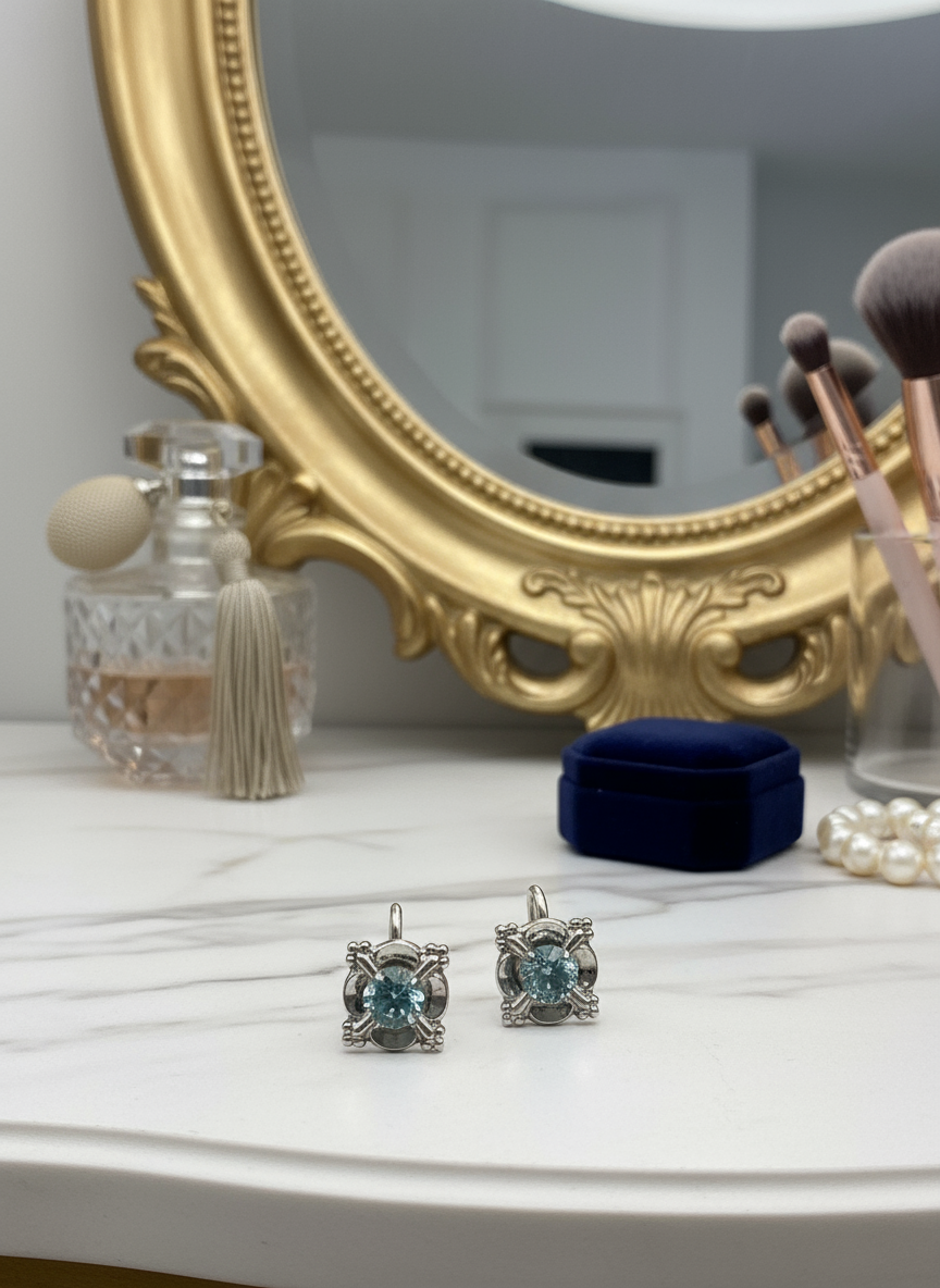 Vintage Earrings Sterling Silver Screw Back Blue Rhinestone ESTATE FIND