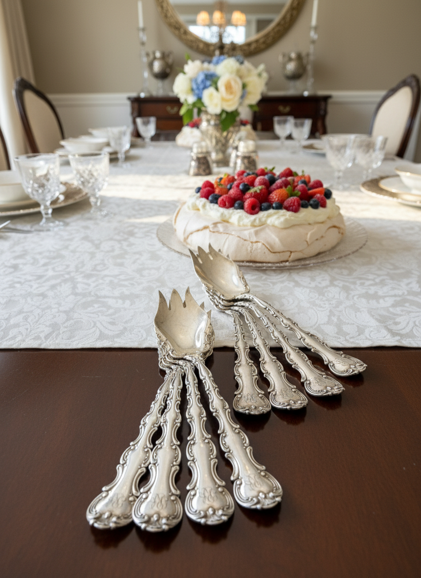 8 Ice Cream Forks Strasbourg Sterling Lion Anchor Pat. 1897 Monogram